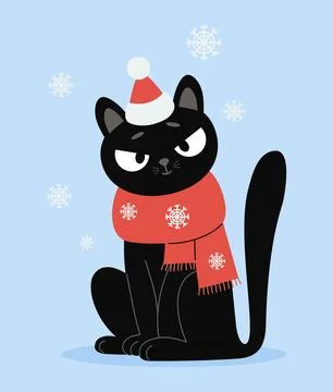 Cute Winter Black Cat in Red Scarf and Hat Under Snowflakes. Funny Pet char.. Stock Illustration