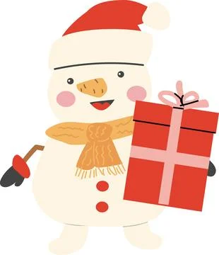 Cute winter character with gift box. Snowman in santa hat cartoon flat Stock Illustration