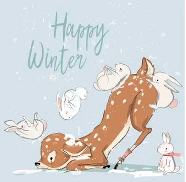 Cute winter deer with hares Illustrazione stock
