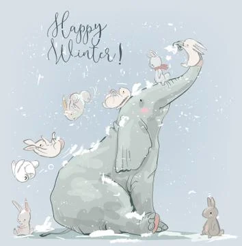 Cute winter elephant with hares Stock Illustration