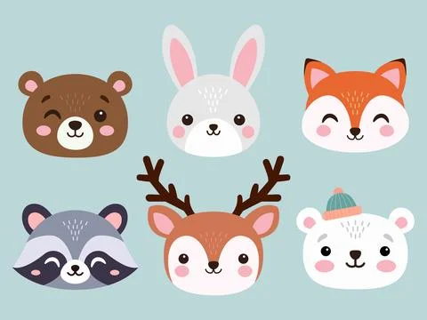 Cute winter forest animals flat illustration Stock Illustration