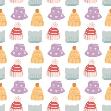 Cute winter headwear seamless pattern vector background with knitted beanie hats 스톡 일러스트