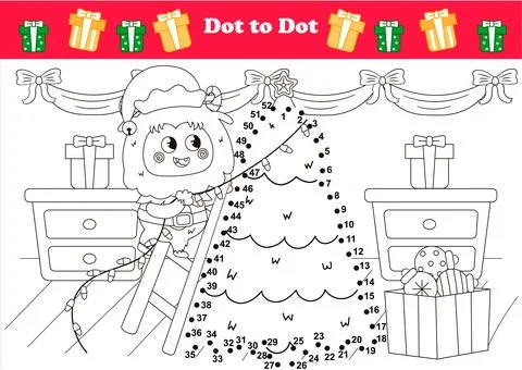 Cute winter holidays themed dot to dot game for kids with Yeti character Stock Illustration