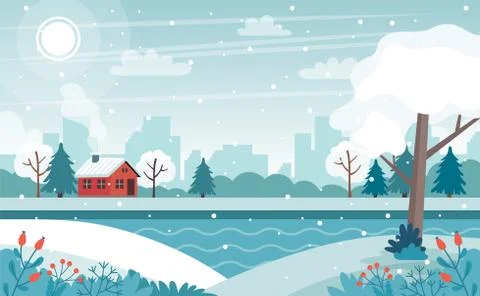 Cute winter landscape vector illustration in flat style Stock Illustration