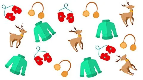 Cute Winter Pattern Featuring Reindeer, Mittens, Earmuffs, and Jackets for .. Stock Illustration