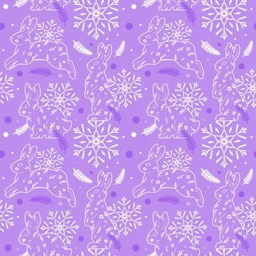 Cute winter pattern. Graphic seamless pattern of rabbits and snowflakes. Vect Stock Illustration