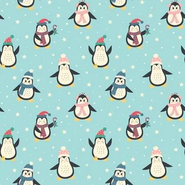 Cute winter penguins seamless pattern. Christmas characters in warm clothing. Stock Illustration