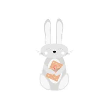 Cute winter rabbit with a gift in his hands. Doodle illustrations. Winter Stock Illustration