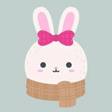 Cute Winter Rabbit Head with Bow and Scarf Vector Stock Illustration