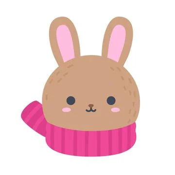 Cute Winter Rabbit Head with Scarf Flat Vector Stock Illustration