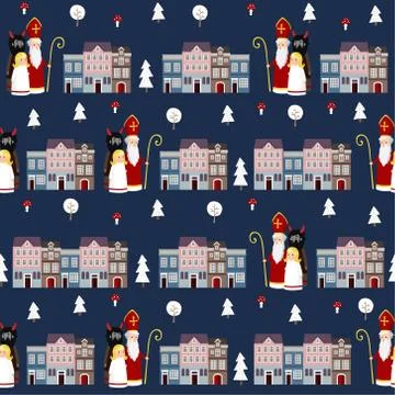 Cute winter seamless fabric pattern with St. Nicholas, angel, devil and town Stock Illustration
