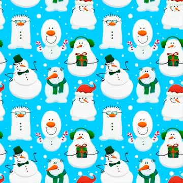 Cute winter seamless pattern with cartoon snowmans Stock Illustration