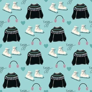 Cute Winter seamless pattern. Cozy objects background. Stock Illustration
