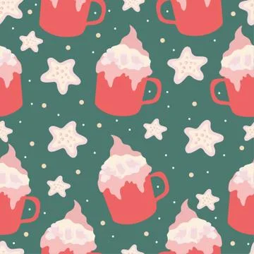 Cute winter seamless pattern with cups and cookies. Christmas season print. Stock Illustration