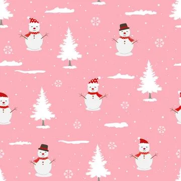 Cute winter seamless pattern with snowman on pink background,Perfect for fa.. Stock Illustration