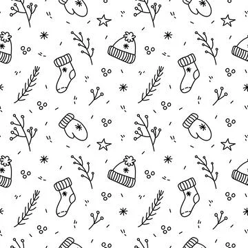 Cute winter seamless pattern with warm hats, mittens, socks, spruce twigs Stock Illustration