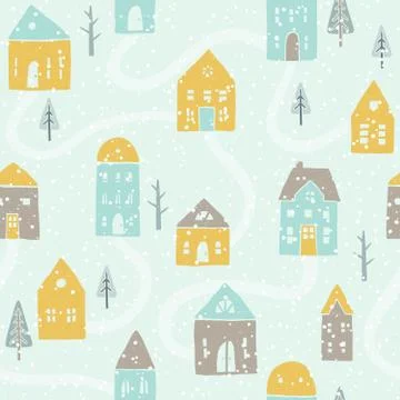 Cute winter snowfall houses pattern Stock Illustration