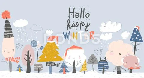 Cute winter trees. Cartoon winter trees on blue background Stock Illustration