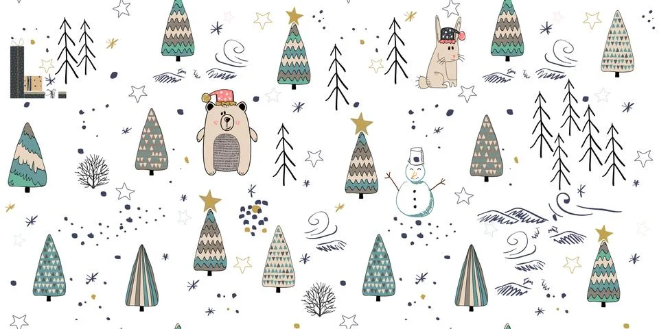 Cute winter trees seamless pattern on white background Stock Illustration