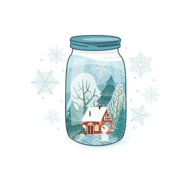 Cute winter vector illustration. Close lid glass jar with wintertime rustic Stock Illustration