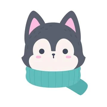 Cute Winter Wolf Head with Scarf Flat Vector Stock Illustration