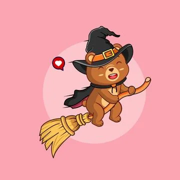 Cute Witch Bear Flying on Broomstick Cartoon Vector Illustration Stock Illustration