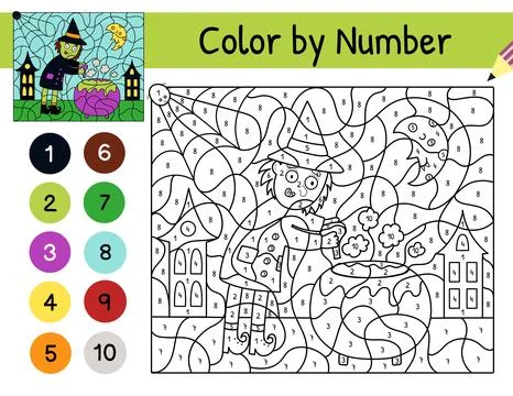 Cute witch brewing a potion in a cauldron color by number game for kids Stock Illustration