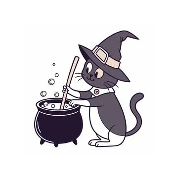 Cute Witch Cat Brewing Potion in Cauldron for Halloween Stock Illustration