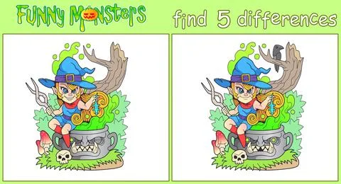 Cute witch find five differences Illustrazione stock