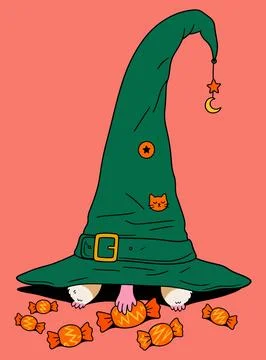 Cute Witch Hat with Cat and Candy イラスト素材