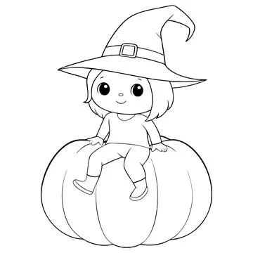 A cute witch perched on a large pumpkin, minimalistic black and white style Stock Illustration