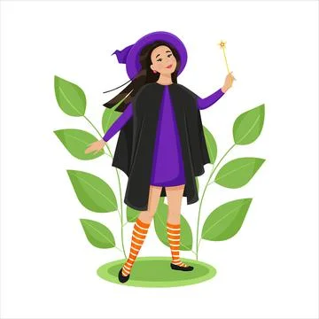A cute witch in a robe and a big hat with a magic wand in her hand, a black cat Illustrazione stock