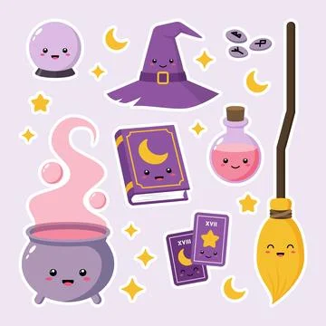 Cute witch stickers. Cartoon magic set Stock Illustration