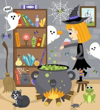 Cute witch. Witch is preparing potion. Halloween. Cartoon, flat, vector Illustrazione stock