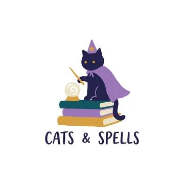 Cute wizard cat sitting on books with magic wand and crystal ball Stock Illustration