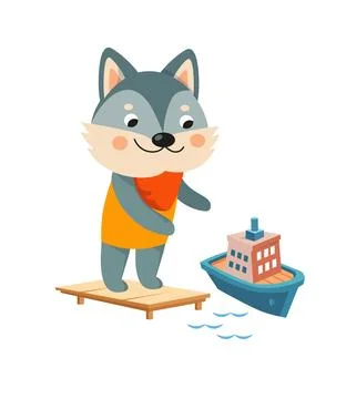 Cute wolf and ship on white background. Cartoon character. Transport and animals Stock Illustration