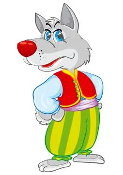 Cute wolf character in green harem pants and red yolk, isolated object on a w Illustrazione stock