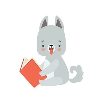 Cute Wolf Cub Reading Book, Adorable Smart Animal Character Sitting with Book イラスト素材