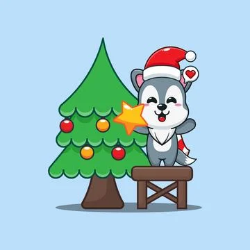 Cute wolf decorating the Christmas tree on Christmas day Stock Illustration