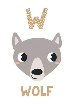 Cute wolf face, letter W, text, illustration isolated Stock Illustration