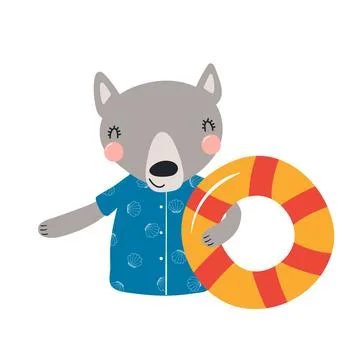 Cute wolf holding pool float cartoon character illustration. Hand drawn Sca.. Stock Illustration