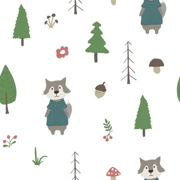 Cute wolf Seamless pattern. Cartoon Animals in forest background. Vector illu Stock Illustration
