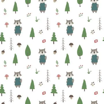 Cute wolf Seamless pattern. Cartoon Animals in forest background. Vector illu 스톡 일러스트