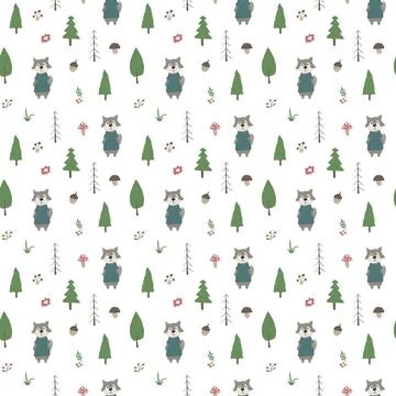 Cute wolf Seamless pattern. Cartoon Animals in forest background. Vector illu Stock Illustration