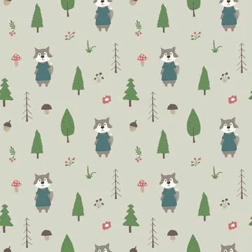 Cute wolf Seamless pattern. Cartoon Animals in forest background. Vector illu Stock Illustration
