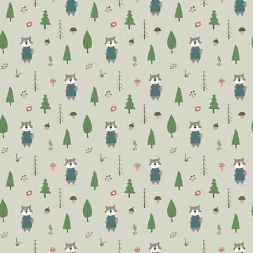 Cute wolf Seamless pattern. Cartoon Animals in forest background. Vector illu Stock Illustration