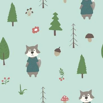 Cute wolf Seamless pattern. Cartoon Animals in forest background. Vector illu 스톡 일러스트