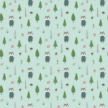 Cute wolf Seamless pattern. Cartoon Animals in forest background. Vector illu Stock Illustration