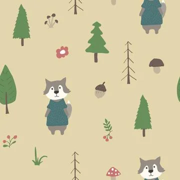 Cute wolf Seamless pattern. Cartoon Animals in forest background. Vector illu Stock Illustration