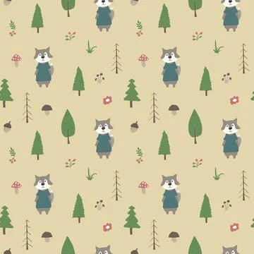 Cute wolf Seamless pattern. Cartoon Animals in forest background. Vector illu Stock Illustration